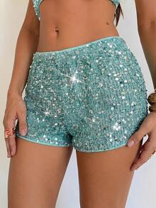 Aloruh Damen Frühling/Sommer neue erbsengrüne Weite Hose, Pailletten Shorts, Palazzo Hose mit niedriger Taille, Boho Party Outfit - Olivgrün - Übersicht 7