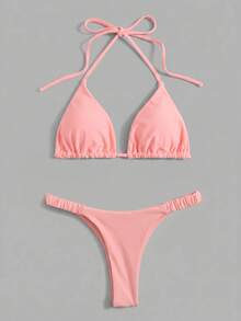 Swim Vcay Bộ đồ bơi bikini nữ mùa hè đi biển màu trơn, dây buộc cổ, phong cách sexy - Màu Hồng baby - Xem 3