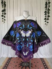 Sunspun Nueva Elegante Parte Superior de Poncho con Textura de Tela, Adorno de Flecos, Estilo Gótico, Adecuado para Primavera, Verano, Otoño, Vacaciones - Multicolor - Ver 1
