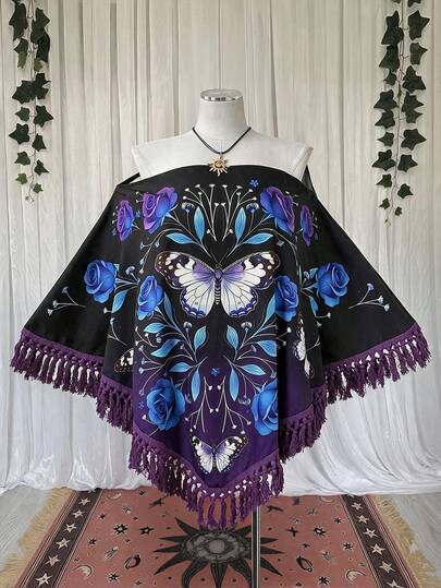 Sunspun New Elegant Textured Fabric Splice Fringe Trim Poncho Top, Gothic Style, Suitable For Spring, Summer, Fall Seasons, Vacation