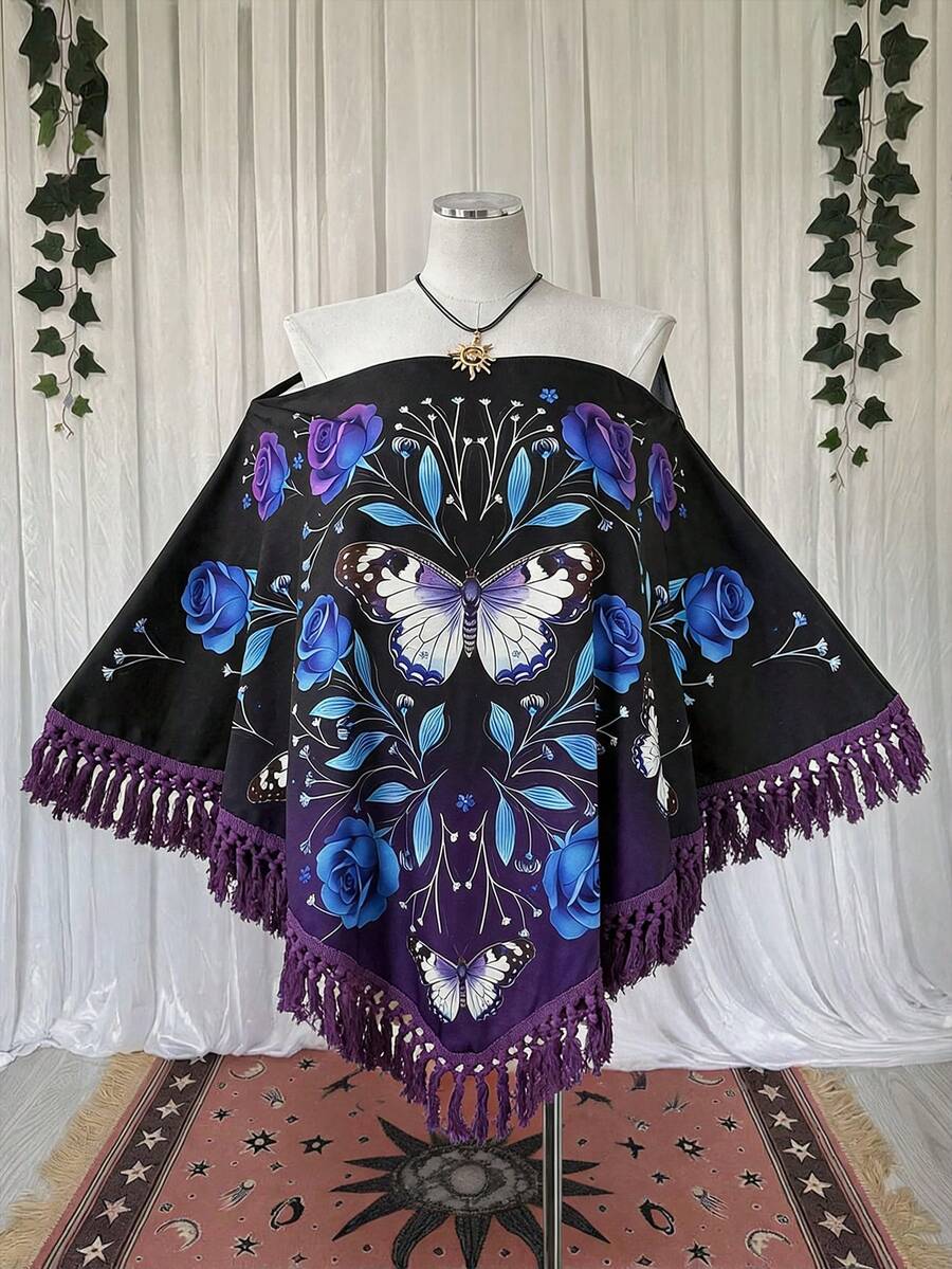 Sunspun Nueva Elegante Parte Superior de Poncho con Textura de Tela, Adorno de Flecos, Estilo Gótico, Adecuado para Primavera, Verano, Otoño, Vacaciones - Multicolor - Ver 1