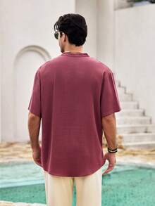 Mercer Haus Men's Short Sleeve Henley Shirt, Summer Deep V-Neck, Skin-Friendly Breathable, Solid Color Minimalist Multi-Button Mature Retro Style, Suitable For Casual, Vacation, Daily Wear - Red - View 4