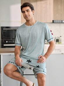 CoupledUp Conjunto de Pijama Masculino Casual com Estampa de Estrela, Manga Curta Solta e Shorts - Cinza - Visão 2