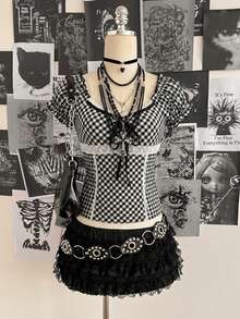 Attitoon Women's Plaid Lace Patchwork Tie Front Fashionable Versatile Blouse,Summer Top - Black and White - View 4
