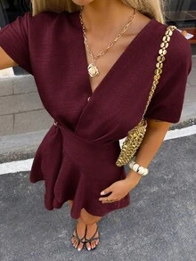 MSSiren Gaze Vestido envolvente mini de manga de murciélago de mezcla de lino, vestido casual de playa y vacacionesMS2-15 1GT0 - Burdeos - Ver 4