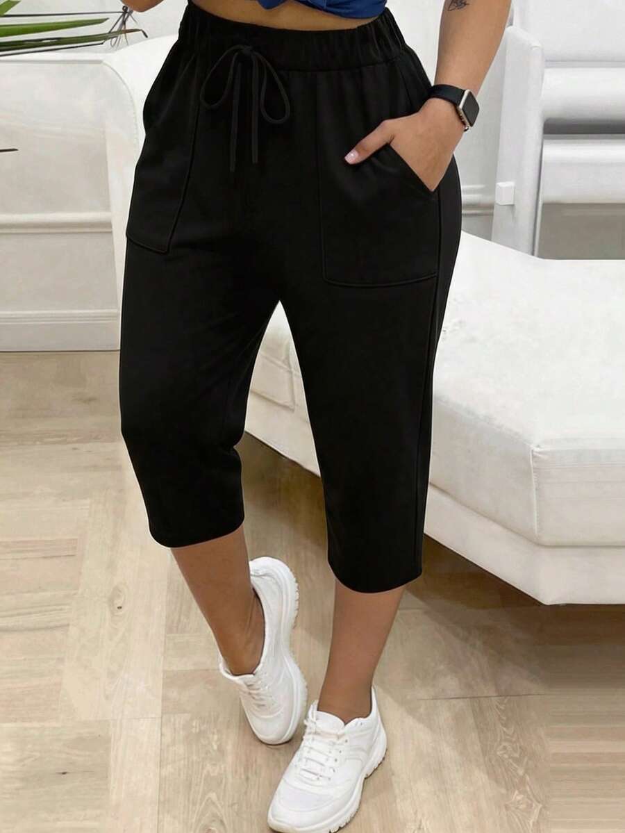 Tropvida Women's Casual Sports Drawstring Waist Solid Color 3/4 Length Pants, Minimalist Versatile For Daily Commute - Black - View 1