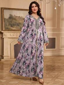 Al Najma Plus Size Women Floral Print V-Neck Elegant Long Sleeve Turkish Maxi Dress - Purple - View 5