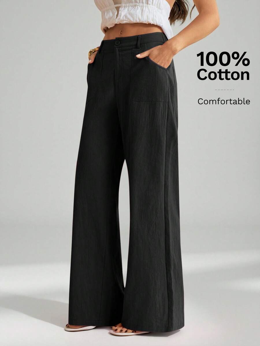 SHEIN Tall 100%水洗棉低腰直筒長褲,適合高個女性 - 黑色 - 查看 1