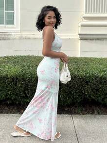Alexandranx 女士优雅简约时尚浪漫圣帕特里克节度假派对日常深V领抽象花卉印花紧身连衣裙，春夏款 - 彩色 - 查看 5