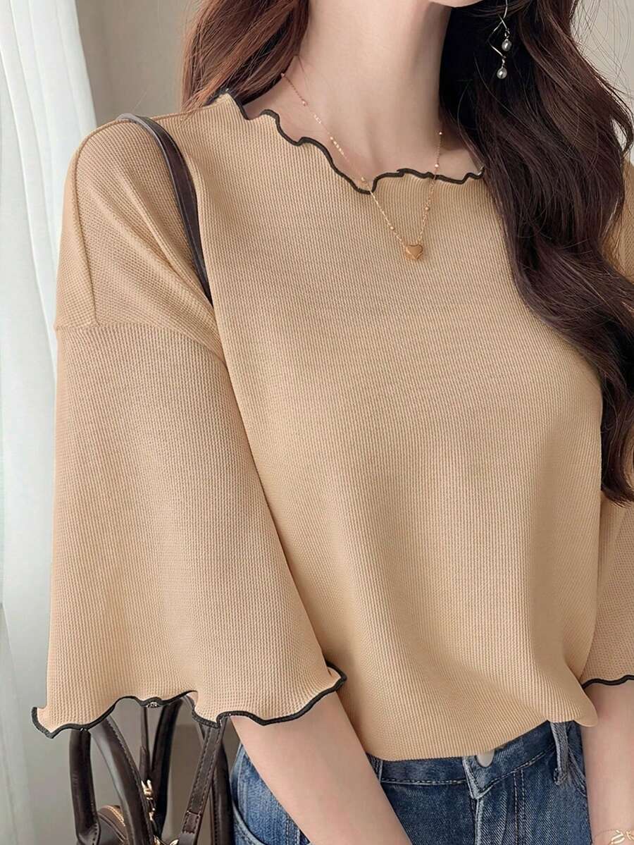 FRIFUL Áo thun nữ tay ngắn dáng rộng kẻ sọc lượn sóng phối màu tương phản, thích hợp mặc thường ngày mùa hè. - Màu Khaki - Xem 1