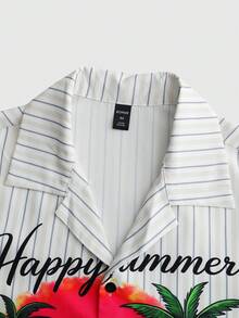 ROMWE MEN Street Life Camisa de manga corta de hombre para verano, casual, de vacaciones en la playa, con estampado de flamencos y letras tropicales a rayas - Multicolor - Ver 4