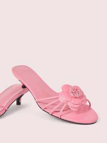 CUCCOO DOLLMOD French Style Elegant Commuter Comfortable Versatile Short Heel Round Toe Decal Kitten And Lady Open Toe Slippers Summer Shoes - Coral Pink - View 2