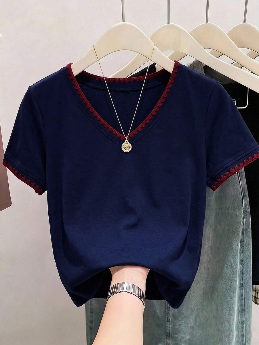 Franclia Áo thun nữ tay ngắn phối màu tương phản, kiểu dáng thường ngày - Màu xanh hải quân - Xem 1