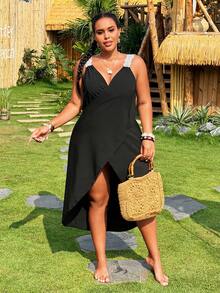 Swim Lushoire 2026 New Lace Floral Spaghetti Strap V-Neck Bodycon Black Dress, Plus Size Cover-Up For Summer Beach Vacation Holiday,Parties&Dates Minimalist - Black - View 2
