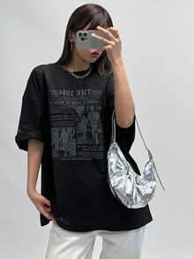 DAZY Women's Character Slogan Printed Drop Shoulder Loose T-Shirt Graphic Tee Oversized T-Shirt - Black - View 3