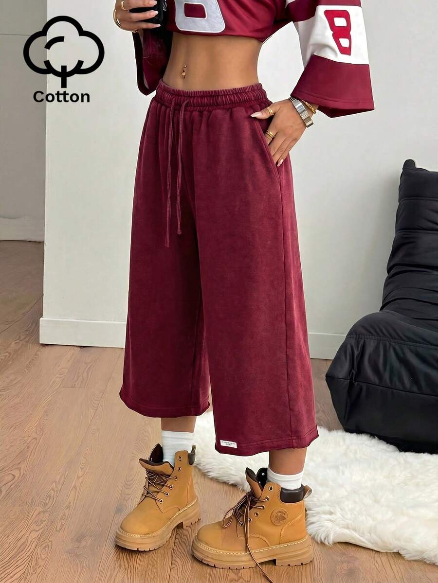 Coolane 女士春夏街头风复古水洗做旧舒适牛仔效果黑色短裤 - 紅色 - 查看 1
