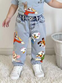 SHEIN Playful Pals Quần jean ống đứng dáng rộng màu xanh nhạt họa tiết động vật dễ thương dành cho bé gái mới biết đi, phù hợp mặc hàng ngày và mặc đi học - Rửa nhẹ - Xem 6