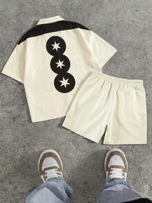 Manfinity Roghcode PAVTROS Manfinity Streetrush Men's Contrast Color Letter Print Zip-Up Shirt And Drawstring Shorts 2 Pieces Set - Beige - View 2