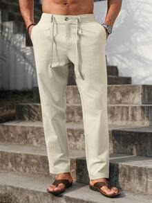 VENTUSAIL Men Solid Drawstring Waist Pants Tapered Long Slacks Linen Cool Plain Going Out, Fall, Holiday - Apricot - View 7