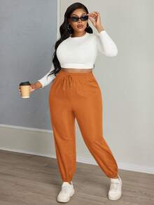 SHEIN PETITE CURVE Plus Size Drawstring Waist Pants, Jogger Pants, Loose Fit - Orange - View 3