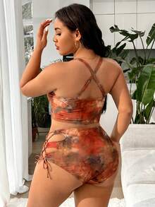 Conjunto de traje de baño de top de tankini acortado con pliegues y anudado con abertura y Bottom triangular para mujer de talla - Multicolor - Ver 2