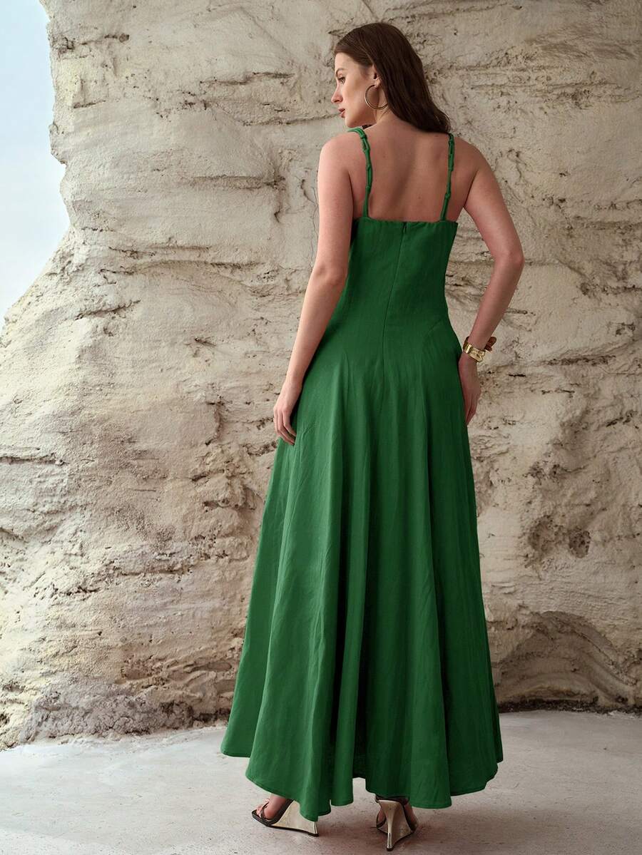 MOTF PREMIUM WOMEN'S LINEN CUP DETAIL TIE SHOULDER FITTED DRESS - Green - View 2
