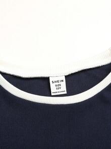SHEIN 少女两件套 - 蓝白撞色针织刺绣T恤和裤子 - 藏蓝色 - 查看 5