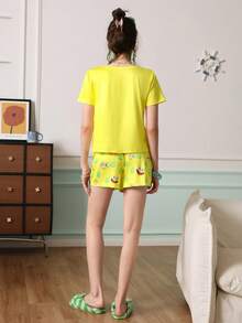 SpongeBob SquarePants | SHEIN Chillnights Cartoon Print Young Energetic Cute Short Sleeve & Shorts Women Pajama Set - Yellow - View 2