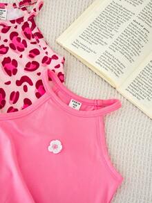 SHEIN Conjunto de 3 piezas para niña: Camiseta de punto de unicolor con estampado de leopardo y corazón - Multicolor - Ver 8
