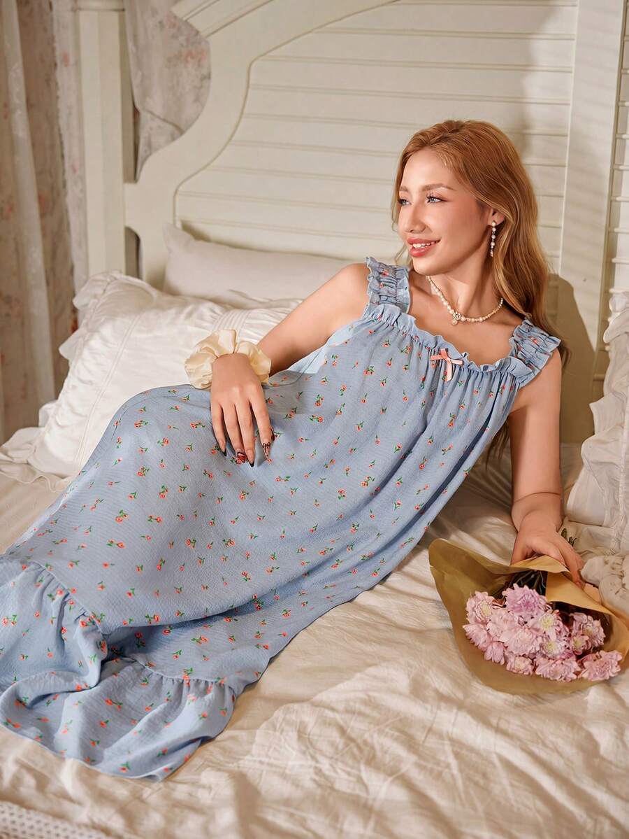 CottageSlumber Romantic Ditsy Floral Frill Trim Spaghetti Strap Long Nightgown - Blue - View 1
