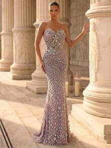 Glamrae Elegant Luxurious Beaded Sequin Mermaid Dress,3D Floral Decor Heavily Embellished Tube Top Gown For Weddings,Parties,Galas,Formal Occasions - Dusty Pink - View 6
