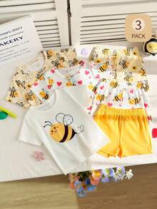 SHEIN Playful Pals 6件套女婴可爱蜜蜂、向日葵、爱心图案短袖上衣和松紧腰短裤套装，数码印花，休闲舒适，适合户外玩耍，春夏百搭 - 黃色 - 查看 5