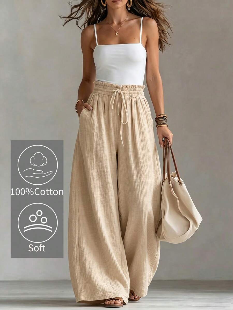 SHEIN Holidaya Quần nữ màu trơn, cạp chun kiểu túi xéo, túi chéo, kiểu dáng thường ngày. - Màu Khaki - Xem 1