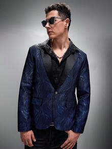 Zorclune Men 1pc Allover Print Contrast Lapel Collar Single Button Blazer, Men's Party Blazer Tuxedo - Blue - View 6