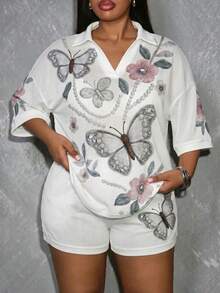 Slaydiva White Summer Fairycore Vacation Plus Size 2-Piece Set,Women's Hollow Knit Striped V-Neck Short Sleeve Loose T-Shirt Top & Fitted Shorts Outing - White - View 9