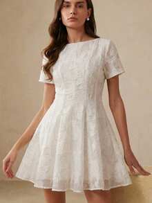 BELROSIE Elegant Cutout Rose Floral Wavy Hem Fitted Short Sleeve Dress For Women Party White Summer - Apricot - View 5