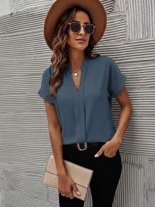 SHEIN Clasi Women's Simple Solid Color Notch Neck Short Sleeve Blouse, Summer,Summer Top - Teal Blue - View 5