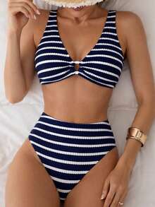 Swim Vcay V-Neck Wide Strap Striped Casual Bikini Set - Blue - View 6