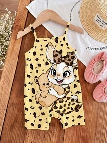 [RANDOM 4 PCS SEND 1 Pc] Baby Girls Cute Vintage Leopard Bow Rabbit Graphic Strap Romper,Soft Summer Colour Palette,Summer,Cute,Family Matching Outfit - Multicolor - View 4