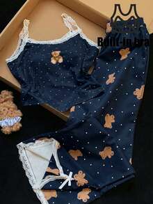 Comfortcana Plus Size 2pcs Set: Polka Dot Bear Print Camisole And Pants, Casual Loungewear For Spring/Summer - Navy Blue - View 1