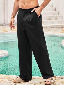 Mercer Haus Men's Solid Color Casual Loose Fit Pants, Versatile For Autumn, Business Formal Style, Fall - Black - View 1