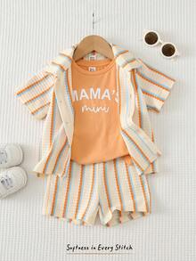 Cozy Pixies Bộ 3 món mùa hè năng động, dễ thương, áo sơ mi kẻ sọc vàng, áo phông in tiếng Anh và quần short xanh dương, bộ áo thun ngộ nghĩnh cho bé trai. - trái cam - Xem 3