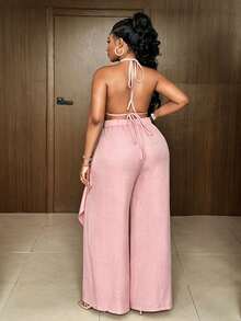 Maweii Plus Size Backless Tie-Up Asymmetric Hem Sexy 2 Pieces Set, Suitable For Dates & Vacations - Pink - View 8