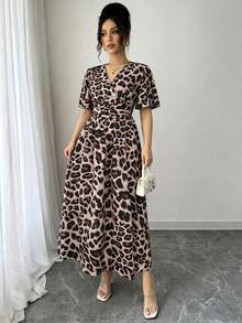 SHEIN LUNE Women's Fashion Leopard Print V-Neck Dress - Multicolor - View 3