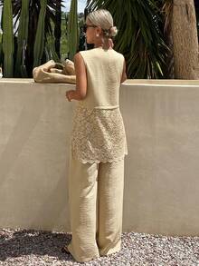 Livesso Sleeveless Fitted Lace Casual Pants 2 Pieces Set For Women Vacation Khaki Summer - Khaki - View 2