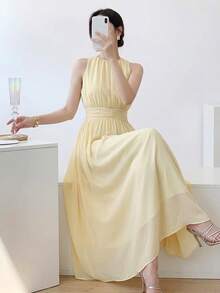 Heiryn Đầm dài xếp ly màu trơn thanh lịch, thắt eo, thích hợp cho nữ dự tiệc và đi chơi. - Vàng nhạt - Xem 3