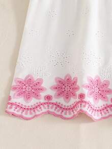 SHEIN Sparklyn 青少年女孩 2件/套 白色夏季熱帶度假風，花卉刺繡荷葉邊短袖上衣與寬鬆直筒長褲 - 粉色 - 查看 6
