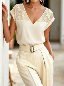 SHEIN LUNE Elegant V-Neck Contrast Lace Mesh Loose Slimming Short Sleeve Blouse For Women Teachers' Day Office Garden Party Brunch White Floral Summer Wedding - Apricot - View 4