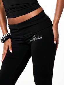 BABYPHAT Logo Kick Flare Low Rise Capri Leggings With Fold-Over Waistband And Script Branding Detail - Black - View 5
