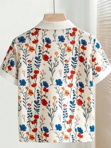 SHEIN Franclia 女士优雅树枝印花开襟宽松短袖翻领衬衫，夏季上衣，夏季套装，沙滩装，休闲衬衫，优雅上衣，休闲衬衫，度假套装，假日套装，通勤套装，办公套装，社交/工作上衣，办公室着装，花卉衬衫，杏色衬衫，翻领衬衫，金属纽扣，短袖衬衫，宽松衬衫，舒适时尚 - 杏色 - 查看 2